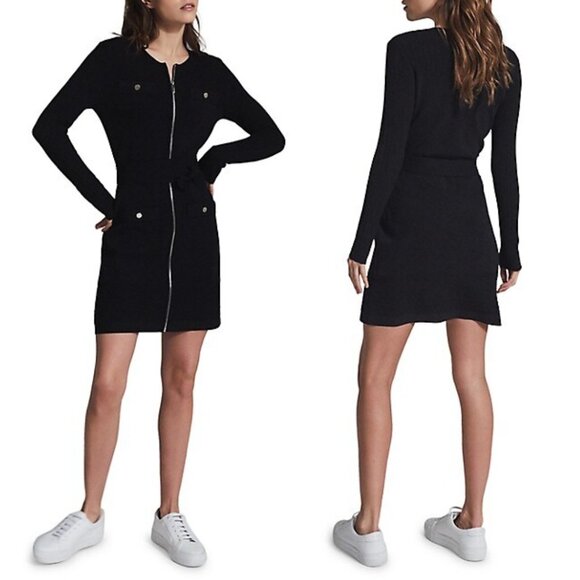 NWT Reiss Emily Knitted Mini Dress Medium in Black Collarless Front Zip w/ Belt - Picture 1 of 11